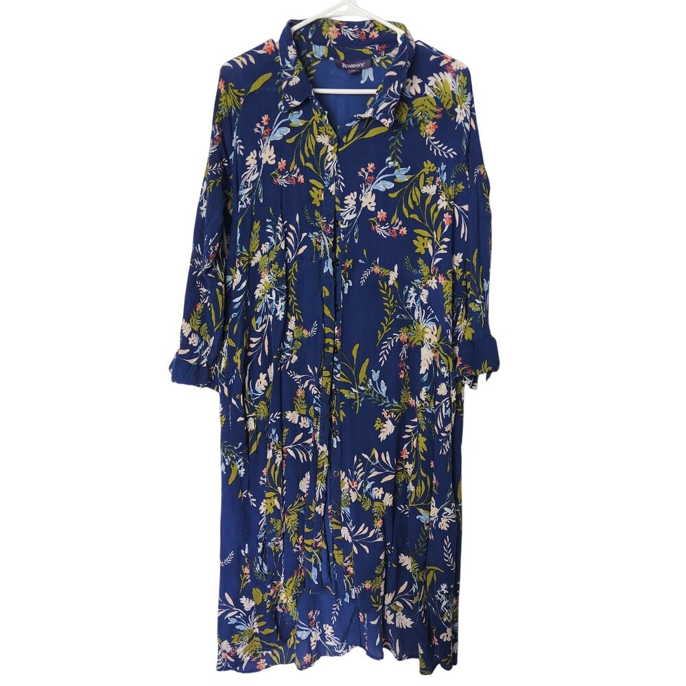 Roaman's Blue Floral Crinkle Long Sleeve Midi Shift Button Down Dress Size 18W